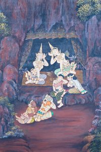 Vægmaleri, der viser scener fra Ramayana ved Wat Phra Kaeo, Royal Grand Palace, Bangkok, Thailand af Thai School