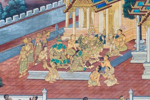 Vægmaleri, der viser scener fra Ramayana ved Wat Phra Kaeo, Royal Grand Palace, Bangkok, Thailand af Thai School