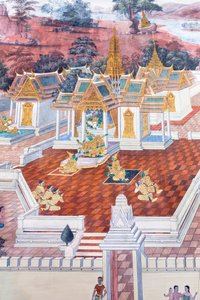 Vægmaleri, der viser scener fra Ramayana ved Wat Phra Kaeo, Royal Grand Palace, Bangkok, Thailand af Thai School