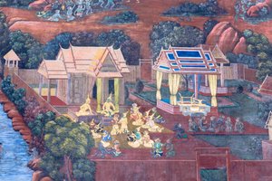 Vægmaleri, der viser scener fra Ramayana ved Wat Phra Kaeo, Royal Grand Palace, Bangkok, Thailand af Thai School