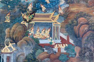 Vægmaleri, der viser scener fra Ramayana ved Wat Phra Kaeo, Royal Grand Palace, Bangkok, Thailand af Thai School