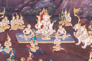 Vægmaleri, der viser scener fra Ramayana ved Wat Phra Kaeo, Royal Grand Palace, Bangkok, Thailand af Thai School