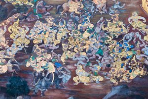 Vægmaleri, der viser scener fra Ramayana ved Wat Phra Kaeo, Royal Grand Palace, Bangkok, Thailand af Thai School