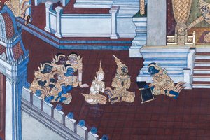 Vægmaleri, der viser scener fra Ramayana ved Wat Phra Kaeo, Royal Grand Palace, Bangkok, Thailand af Thai School