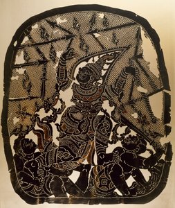 Scene fra Nang Yai skyggedukketeater, der repræsenterer Virunjambang, hærgeneral Dasakantha, udskåret læderpanel, Thailand, Thai Civilization af Thai School