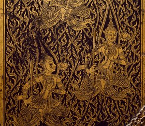 Garderobe til sutra, udskåret og lakeret træ, fra Bangkok, Thailand, Detail, Thai Civilization, begyndelsen af det 19. århundrede af Thai School