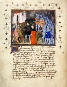 (Hele folio) Kong Richard II, ført til fange af Henry Bolingbroke til London, giver afkald på tronen; dekoreret kant med tekst nedenfor.
