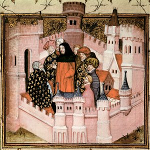 Harl 1319 f.37v Richard II, der modtager jarlen af Northumberland ved Conway, fra 