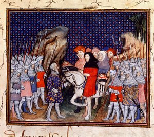 Harley 1319, fol.44, kong Richard II møder jarlen af Northumberland i Conway og tilbyder at fratræde kronen