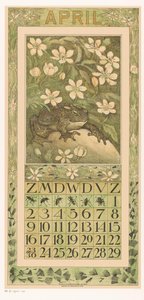April kalenderark med frø Kalender 1911 12 litografier af Th. v. Hoytema (serietitel) Sti under blomster af Theo van Hoytema