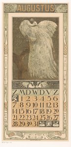 August kalenderside med hvid påfugl Kalender 1910 12 litografier af Th. v. Hoytema (serietitel) af Theo van Hoytema