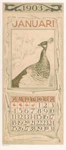 Januar kalenderark med påfugl Kalender 1903 12 litografier af Th. v. Hoytema (serietitel) af Theo van Hoytema