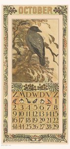 Oktober kalenderside med farverig krage Kalender 1910 12 litografier af Th. v. Hoytema (serietitel)