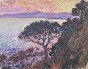 Fyrretræ ved havet ved solnedgang af Théo van Rysselberghe