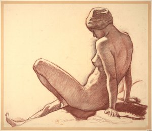 Studie af kvindelig nøgenfigur ved havet til “De badende kvinder” af Théo van Rysselberghe