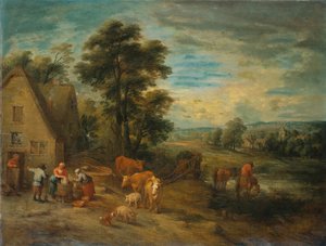 Landskab med Bønder og Kvæg ved et Sommerhus