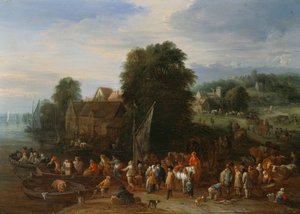 Rejsende, der går ombord på en færge (olie på panel)