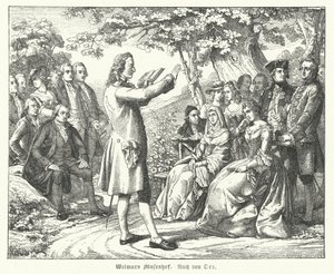 The Weimar Court of the Muses: Tysk digter og dramatiker Friedrich Schiller læser på Schloss Tiefurt, med Christoph Martin Wieland, Johann Wolfgang Goethe og Johann Gottfried Herder blandt de lyttende (gravering) af Theobald Reinhold von Oer