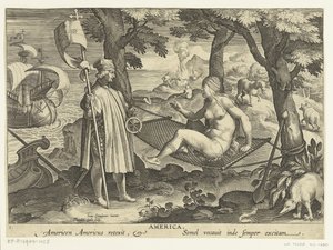 Amerigo Vespucci sætter foden i Amerika Amerika. Americas Americas reexit. Semel vocauit inde semper excitam (titel på objekt) Nye opfindelser og opdagelser (serietitel) Nova Reperta (serietitel)