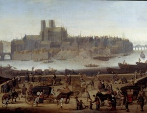 Kajen og Tournelle-broen i Paris Detail. Udsigt over havnen og øen La Cite. Maleri tilskrevet Theodor Matham (1606-1676) 1646 Paris, Carnavalet museum af Theodor (attr. to) Matham