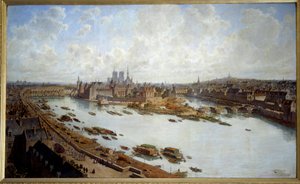 Panoramaudsigt over Paris og Ile de la Cite i 1588 fra Louvres tage, Pont Neuf under opførelse Maleri af Theodore Joseph Hubert Hoffbauer (1839-1922) 1890