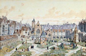 Udsigt over de uskyldiges kirkegård i Paris i 1550. Akvarel af Theodore Joseph Hubert Hoffbauer (1839-1922) Paris fra det 19. århundrede, Musee Carnavalet