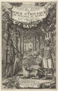 To mænd og vilde dyr foran en skov Titelside for: Indiae Utriusque, 1658 af Theodor Matham