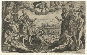Sammenligning mellem Oranje og Alva, med det spanske raseri i baggrunden, ca. 1577 af Theodor de Bry (attributed to)