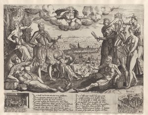 Sammenligning mellem Oranje og Alva, med det spanske raseri i baggrunden, ca. 1577 af Theodor de Bry (attributed to)