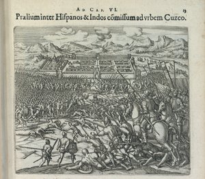 Kamp mellem spanierne og indianerne ved portene til Cuzco, 1596. af Theodor de Bry
