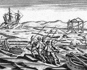 Bygning af et hus til vinter ved Nordpolen, ca. 1600 (gravering) af Theodor de Bry