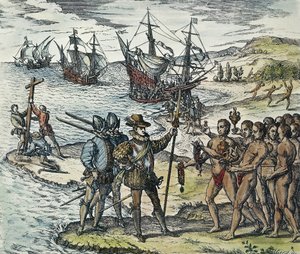 Columbus lander i Indien. 1594 (xylografi)