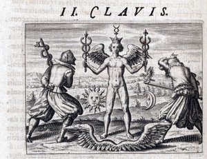 Symbolsk komposition af alkymi, en nøgen ung mand, vinge og krone, svinger to caduceus, omgivet af månen og solen, over for mænd bevæbnet med sværd, der bærer en ørn og en slange - Indgravering af Theodore de Bry (1528 -1598), for traktaten om alc