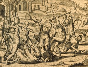 Martyrium for missionærmunke i Sydamerika, gravering fra Historia americae, af Theodor de Bry (1528-1598), Frankfurt