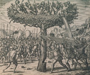 Indfødte gemmer sig i træerne og kæmper mod erobrerne af Theodor de Bry