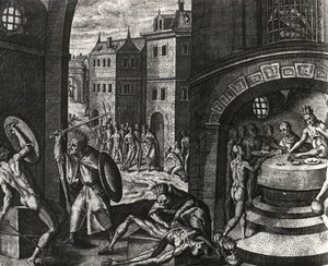 Præst dræber offer for falsk slagsmål og flår derefter krop, Mexico, gravering fra Peregrinationes, af Theodor de Bry (1528-1598), Mellemamerika af Theodor de Bry