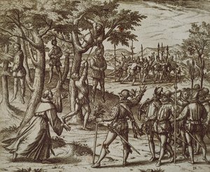 Dom til hængning af nogle mænd af Christopher Columbus i New World, af Theodore de Bry
