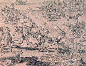 Slagtning af søløver af opdagelsesrejsende af Theodor de Bry