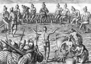 Timucua-indianer med franske opdagelsesrejsende af Theodor de Bry