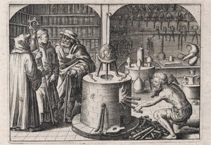 Tre lærde samtaler i alkymiværkstedet med ovn og instrumenter - Gravering af Theodore de Bry (1528-1598), til alkymiafhandlingen ""Tripus avreus, hoc est, Tres tractatus chymici selectissimi"" af Michael Maier (1569-1622)