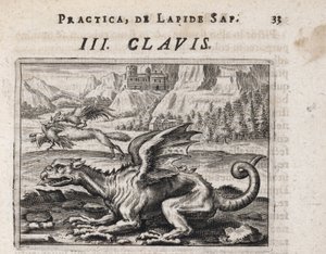 En drage, i baggrunden, en hønestjælende ulv, angrebet af en hane - Indgravering af Theodore de Bry (1528-1598), til alkymiafhandlingen ""Tripus avreus, hoc est, Tres tractatus chymici selectissimi" " af Michael Maier (1569-1622) af Theodor de Bry