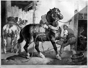 Montering af trækhest (litografi) af Theodore (after) Gericault