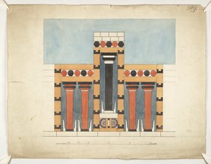 Maleri, der genskaber den centrale tredelte helligdom i den centrale domstol i Minos-paladset i Knossos (Evans Architectural Plans WW/15) af Theodore Fyfe