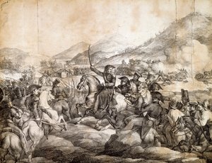 Slaget ved Chacabuco, februar 1817, som dekreterede Jose De San Martins sejr over spansk, af Theodore Gericault, tegning, Argentina af Theodore Gericault