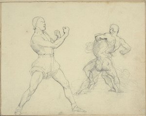 Bokser vender mod højre og to mænd bryder af Theodore Gericault