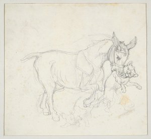 Æsel, der bærer en hund i munden (forsiden); Studie af hjort, der jages af hunde, hjortehoved (bagsiden) af Theodore Gericault