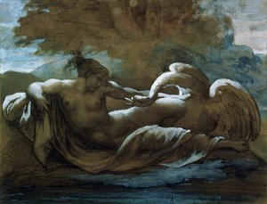 Leda og svanen (sort kridt og akvarel) af Theodore Gericault