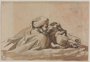 Mand, der holder en hest i vand, efter Poussins "Syndfloden" (recto), ca. 1816 (pen og brunt blæk og pensel og brun lavering over grafit) af Theodore Gericault