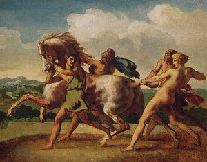 Slaver standser en hest, studerer til "The Race of the Barbarian Horses", 1817 af Theodore Gericault