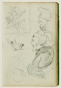Studier af løve, kompositorisk gruppefigurstudie, to karikaturhovedstudier af Theodore Gericault